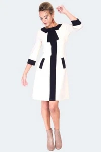 1960s RETRO Vintage Style 3/4 sleeve constrast stripe ivory dress - Picture 1 of 5