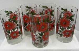 5 Libbey Christmas Poinsettia 5" Glasses Tumblers Vintage MCM Very Nice! - Picture 1 of 7