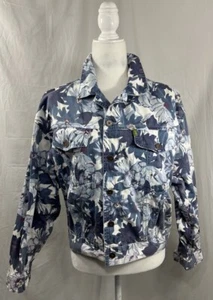 Vintage 90s Esprit De Corp Jacket Denim Blues Navy All Over Floral Women SZ Med - Picture 1 of 19