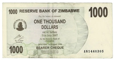 Zimbabwe 1000 Dollars 2006 P-44 Hyperinflation Circulated Bearer Cheque Banknote - Image 1 of 2