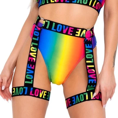 LOVE Print Belt Leg Garters Rainbow O Rings Stretch Elastic Straps 6140 S/M - Image 1 of 3