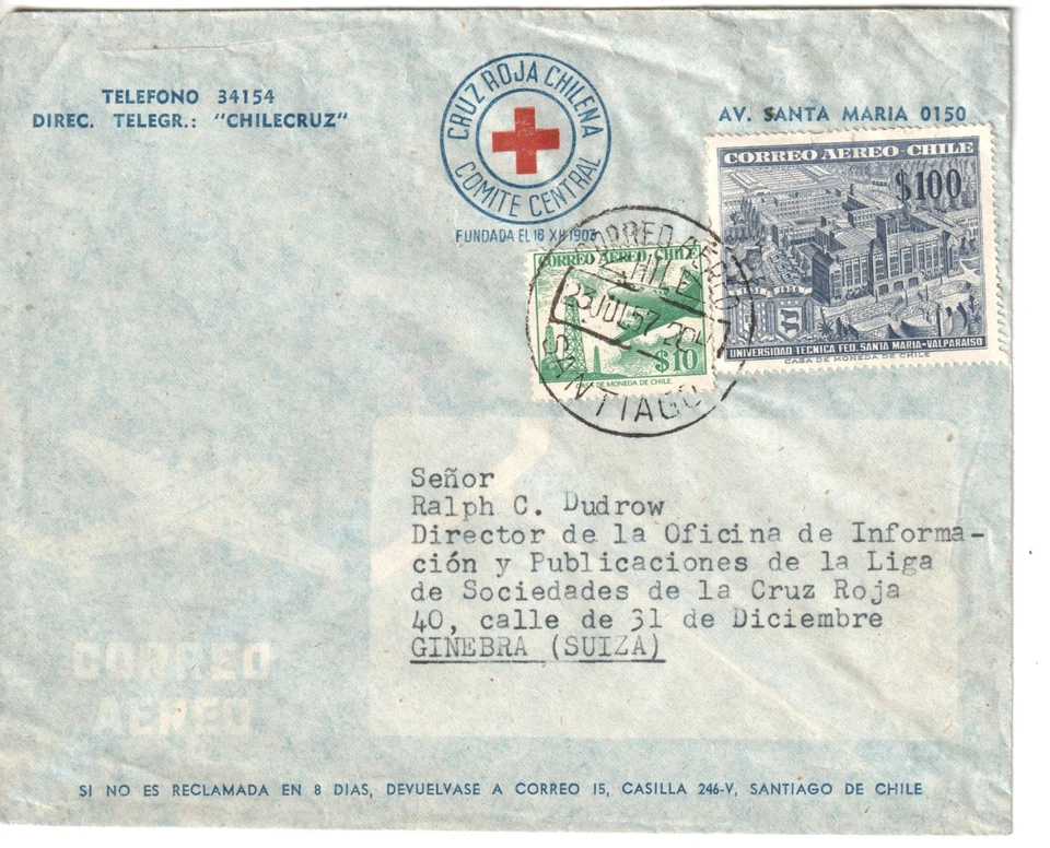 Chile 1957 Cruz Roja Cubierta a Cruz Roja Ginebra Foto 1 de 1