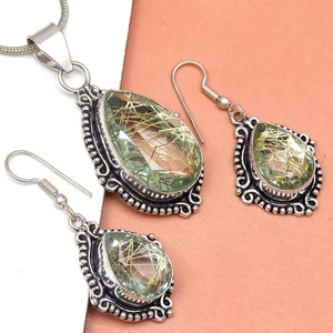 Conjunto de pendientes de oro rutilo joyería 18-20"" colgante cuarzo esterlina - Imagen 1 de 12