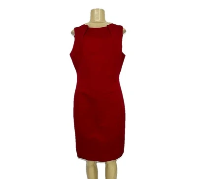 Tahari Size 10 Women Red Holiday Sheath Dress Sleeveless Pleated Neck Lined S24 - Image 1 of 4