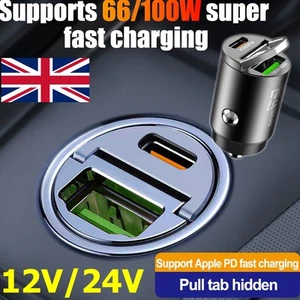 100W Fast Car Charger Mini Dual USB Type-C PD Phone Socket Adapter For iPhone - Picture 1 of 21