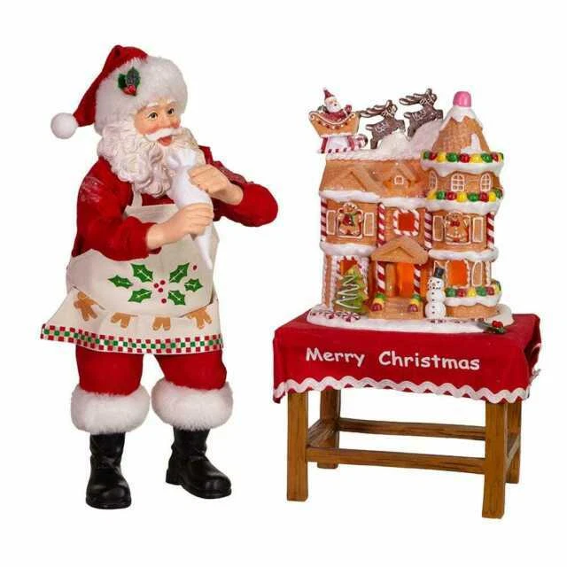 Kurt S. Adler Fabriche Santa with Gingerbread House 2 Piece Figurine Set 10.5 Inch JEL1203