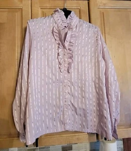 Vtg 80's JcPenny Button Up Blouse Peasant Ruffles Rockabilly XL Pink Shirt - Picture 1 of 6
