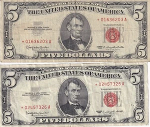 1963 LOW SERIAL NUMBER RED SEAL STAR FIVE DOLLAR NOTE IN GOOD CONDITION SEE PIC - Picture 1 of 2