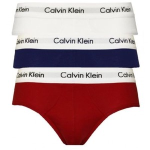 Calvin Klein U2661G-I03 100% Authentic Mens Cotton HIP Briefs- White/Navy/Red 