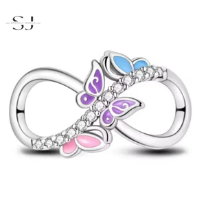 925 Sterling Silver Pink & Blue Butterfly Infinity Charm Bead for Bracelets Gift - Picture 1 of 1