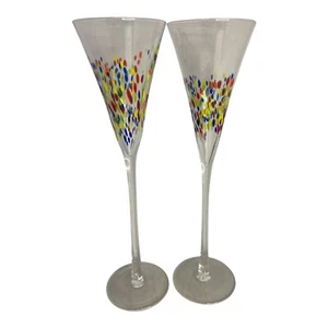 Set 2 VTG Hand Blown Confetti Speckled Champagne Flutes Glasses 11" Artland - Picture 1 of 10
