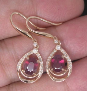 Genuine Solid 14K Rose Gold 2.38ct Blood Ruby Natural Diamond Drop Earrings - Picture 1 of 3