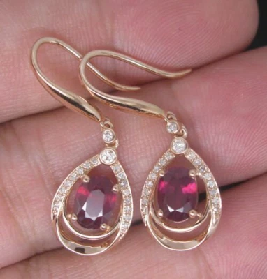 Genuine Solid 14K Rose Gold 2.38ct Blood Ruby Natural Diamond Drop Earrings - Image 1 of 3