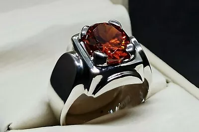 Round Cut 6 Carat Orange Zircon Sterling Silver 925 Handmade Zircon Mens Ring - Image 1 of 4