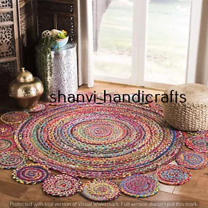 Handmade Round Braided Rug Hand Woven Jute Cotton Rug Multi Chindi Round Rug Mat - Picture 1 of 4