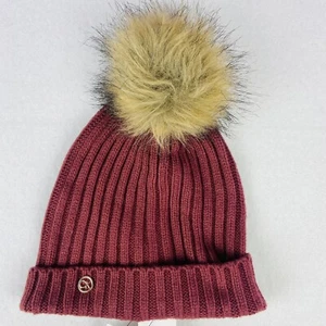NWT Calvin Klein Ribbed Knit Beanie Cuffed Winter Pom hat Terracotta Acrylic OS - Picture 1 of 4