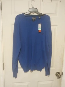 Chaps Sweater Cotton Cashmere Sz Large Blue V-Neck Long Sleeve Solid Stretch - Picture 1 of 8
