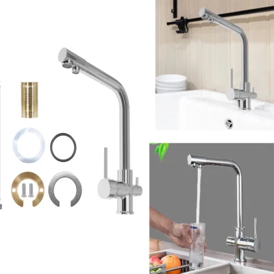 Kitchen Sink Faucet Chrome Pure Water Filter Dual Handle Swivel Mixer Tap 3 Way  - Image 1 of 4