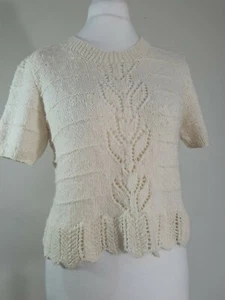 Vintage Handmade Hand Knitted Top 10 12 Cream Boxy Crop Crochet Boho - Picture 1 of 8