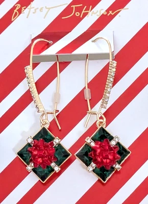 Betsey Johnson Christmas Holiday Present Drop Earrings Green w/Red Bow - Image 1 of 3