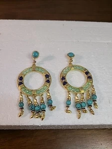 Stella and Dot Statement Earrings Large Dangle Turquoise & Gold Gorgeous! - Picture 1 of 11