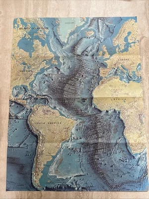 Map Of The Atlantic Ocean Floor National Geographic 1964  - Image 1 of 4