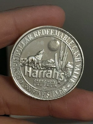 Harrah’s Laughlin $7 Casino Token  .999 Fine Silver 1993 Nevada Casino Wolf - Image 1 of 4