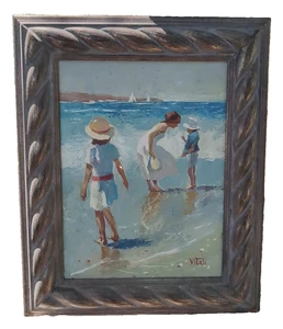Pintura de arte de fábrica vintage bellas artes playa escena familiar marco de madera de 18"x21" - Imagen 1 de 13