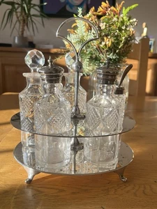 Antiguo juego completo de botellas de vidrio cortadas EPNS Cruet Harrison Brothers & Howson - Imagen 1 de 23