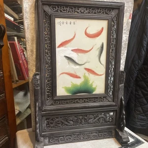 Chinese Carved Screen Koi Carp Porcelain Plaque Signed - Picture 1 of 11