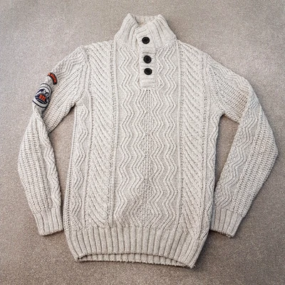 Superdry Mens Jumper Small Grey Cable Chunky Knit Sweater Pullover 1/4 Button - Image 1 of 4