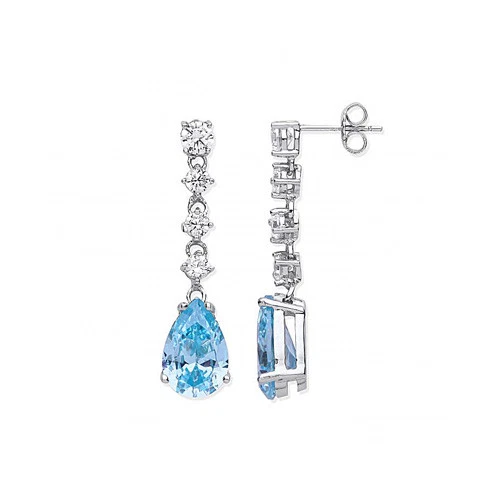 Argento Sterling Acquamarina Colore & Bianco Zircone Cubico Orecchini a Goccia - Immagine 1 di 1