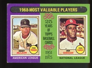 1975 Topps #206 1968 MVP Denny McLain Bob Gibson - Imagen 1 de 2
