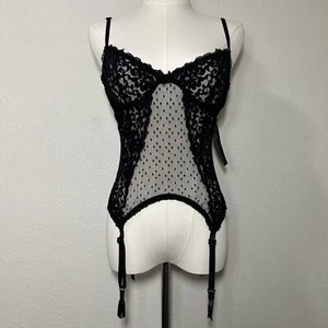 NWT Vintage Deadstock S/M Black Sheer Polka Dot Lace Escante Corset w/Stockings - Picture 1 of 9