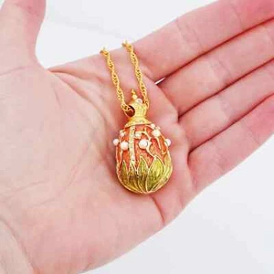 JOAN RIVERS Lily Of The Valley Enamel Egg Pendant Necklace With Pearl Accents - Picture 1 of 10