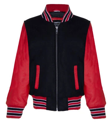 Kids Varsity Black & Red Bomber Jacket with Real Leather Sleeves 3-13 yrs - Image 1 of 4