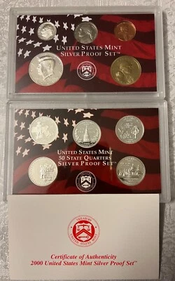 2000 UNITED STATES MINT SILVER PROOF SET (NO BOX), 7 SILVER PROOF COINS - Image 1 of 2