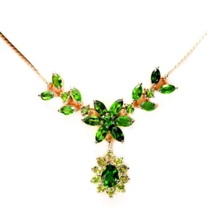 REAL GREEN CHROME DIOPSIDE & PERIDOT STERLING 925 SILVER FLOWER NECKLACE 19.5" - Picture 1 of 6