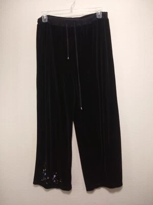 Onque Casual ~ Lounge Pants Women's XL - Black Velour w Floral Stitching Vintage - Image 1 of 4