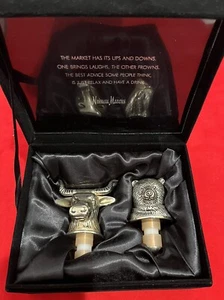 Neiman Marcus Silver Plated Bull & Bear Wine Stoppers in Velvet Presentation Box - Picture 1 of 4