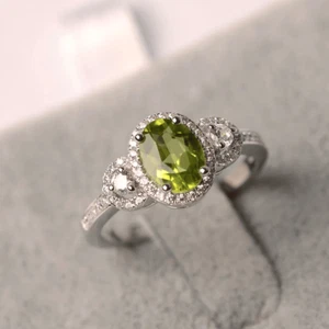 Peridot Green Halo Ring Natural Gemstone Oval Cut 925 Sterling Silver Women Ring - Picture 1 of 4
