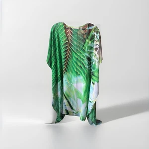 Weiche Umrandung Gr. TL/ TXL transparent grün tropisch gemustert Poncho Style Top - Bild 1 von 8