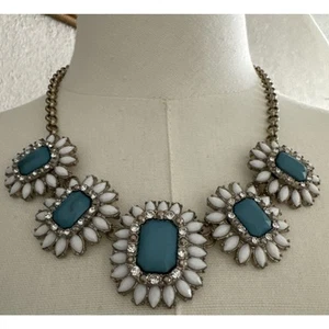 Vintage Formal Necklace Cluster Statement Blue White Chrystal Silver Tone Chain - Picture 1 of 8