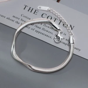 Woman Real S925 Sterling Silver 4mm Flat Snake Chain Bracelet Bangle 8.3 in - Picture 1 of 4