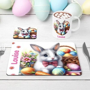 Personalised Kids Easter Dinner Set | Cute Bunny Placemat, Coaster & Mug - Picture 1 of 14