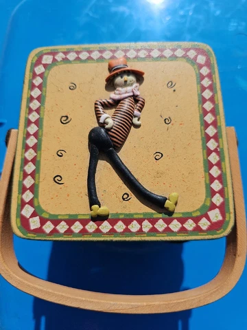 Small 4”x4” Wood Woven Basket With Clay Scarecrow On Top Cover