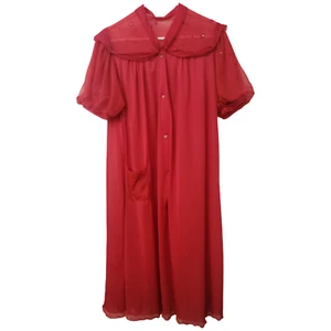 1960s Shadowline Red Peignoir Gown M | Nylon Tricot Star Embroidery Vintage - Picture 1 of 10