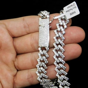 14K White Gold Plated Chain Mens Micro Pave CZ Choker 12MM Zig Zag Necklace 18" - Picture 1 of 12