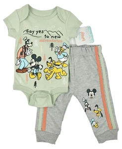 Baby Outfit 0-3 Months Disney Yes to Adventure 2pc Bodysuit Sweats Green Gray - Picture 1 of 13