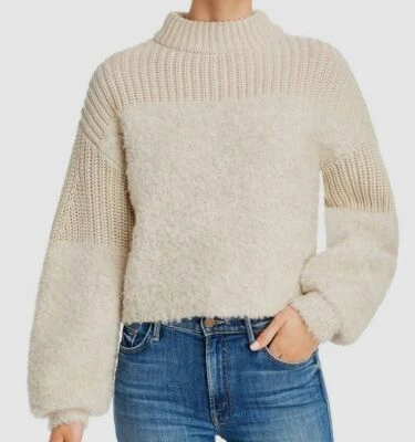 $299 Rebecca Minkoff Womens Beige Mock-Neck Fuzzy Textured Wool Alpaca Sweater M - Image 1 of 2